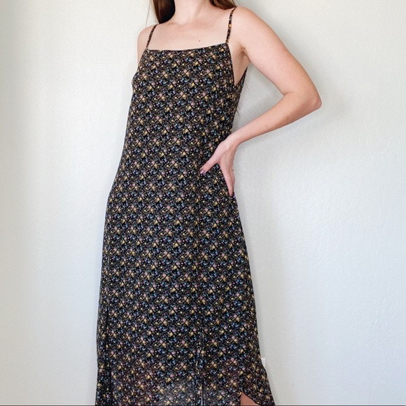 Vintage Dresses & Skirts - Vintage 90s y2k Black Floral Slip Midi Dress Wedding Event Formal